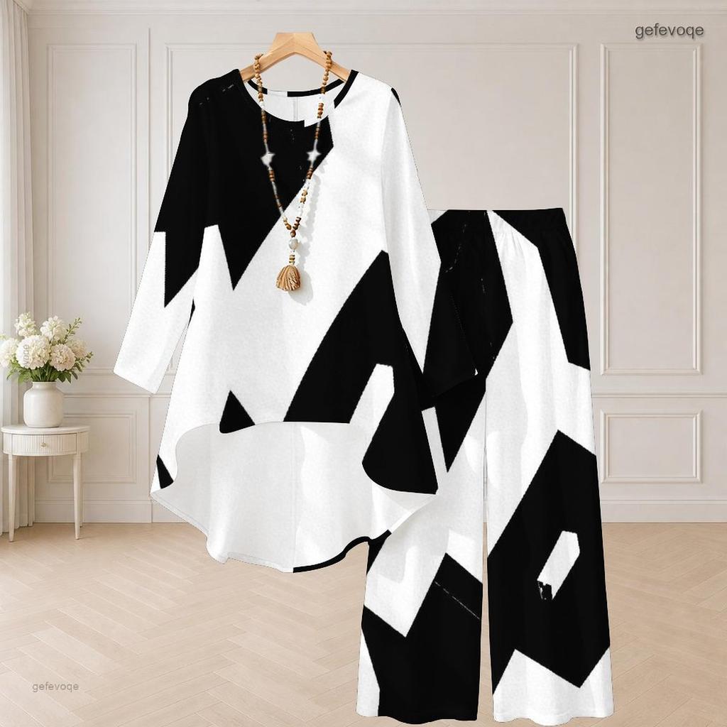 Women Plus Size Two Piece Set Round Neck Long Sleeve Black White Printed High Low Top Wide Leg Pants