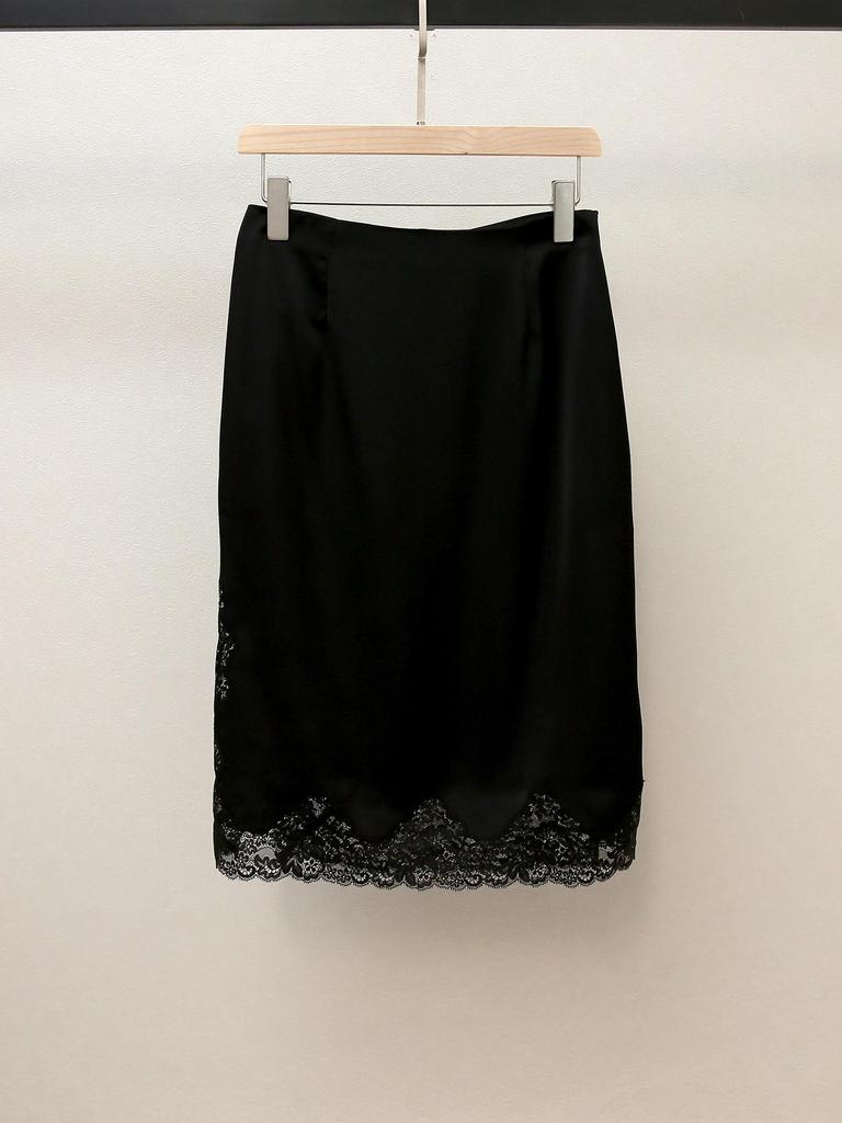 Elegant French A-line Satin Midi Skirt with Lace Trim