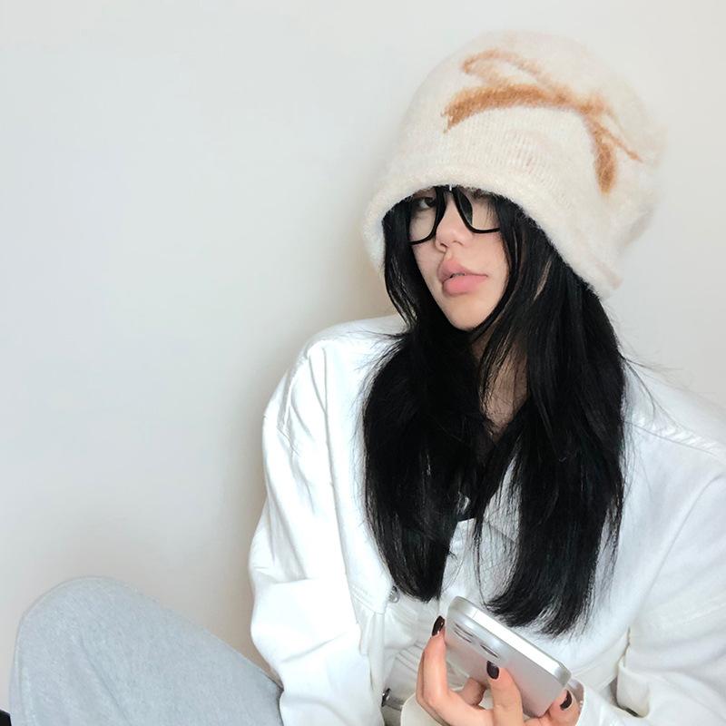 Autumn and winter cold hat women's bows piled up knitted hat autumn bag head shows small face and big head circumference