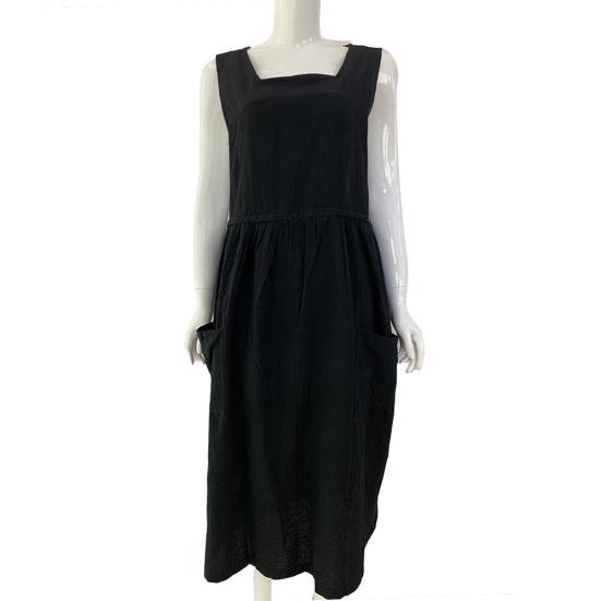 Grembiule Lungo da Donna a Maniche Corte, Colore Unito, Scollo Quadrato, Tasche, Cotone e Lino