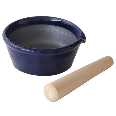 Kamoshika Tool Shop Mortar and Pestle Set, Banko Ware, Made In Japan, Wooden, Size 5, Grooveless, One-Cut, Paulownia Wood, Indigo