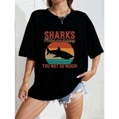 T-shirt Vintage Oversize con Stampa Squalo Gradiente Retrò – Top Divertente con Slogan "GLI SQUALI mi rendono felice"