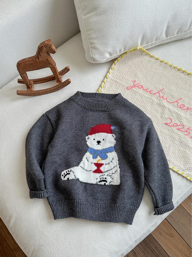 Kids' Cute Polar Bear Cartoon Sweater - Autumn 2025 Korean Style for Boys & Girls