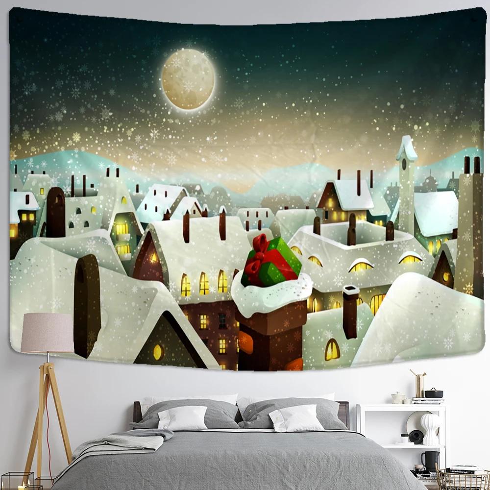 Snow Covered House Tapestry Wall Hanging Christmas Festival Natural Landscape Art Background Cloth Home Decor