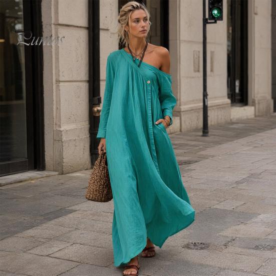 Mid-length Dress Summer Maxi for Women, Casual Loose One Shoulder Long Elegant Sleeve Dress, Flowy Beach Vacation Sundress wwith Pockets Versatile