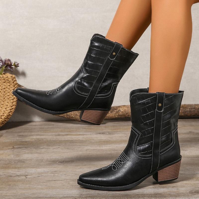 Fashion Women's Boots Fashion Pointed Toe Mid-Calf Boots Retro Western Cowboy Boots Classics Embroidered Leather Boot Women Knight Boot