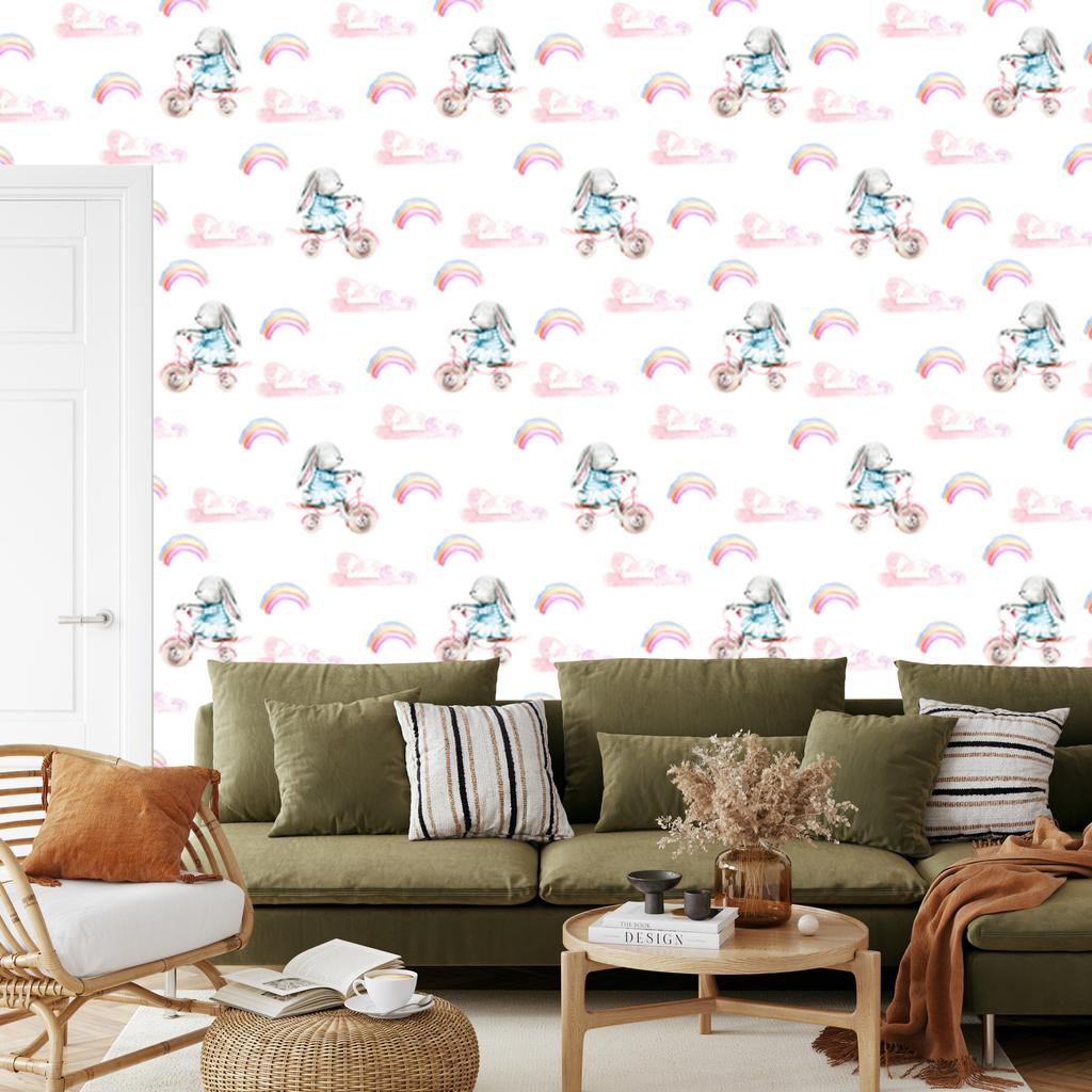 Wallpaper Bunnies rainbows and hearts for living room and bedroom 50x1000