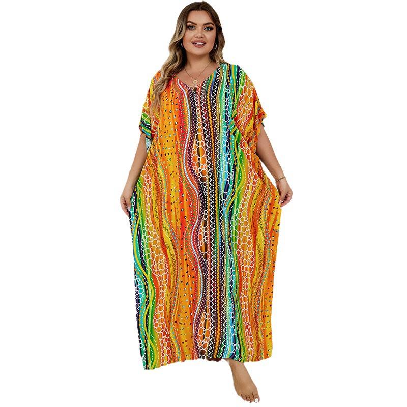 European-American Rayon Print Plus Size Beach Cover-Up Dress & Long Robe