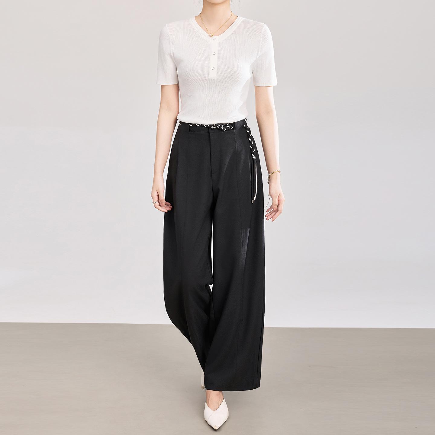

Women s Spring/Summer Color-Block Loose Wide-Leg Woven Pants Small чёрный