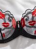European & American Sexy Lingerie Set: Hot Red Lip Embroidered Mesh Satin Push-Up Bra with See-Through Panties
