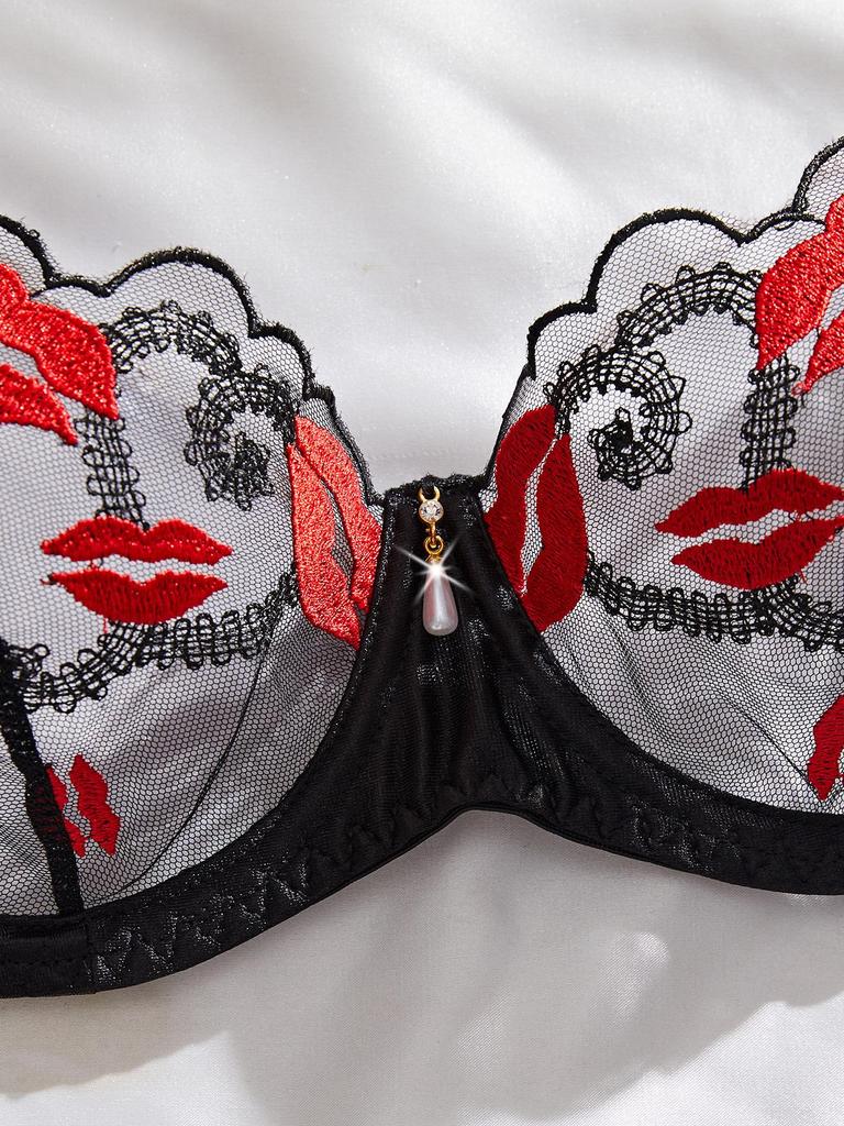 European & American Sexy Lingerie Set: Hot Red Lip Embroidered Mesh Satin Push-Up Bra with See-Through Panties