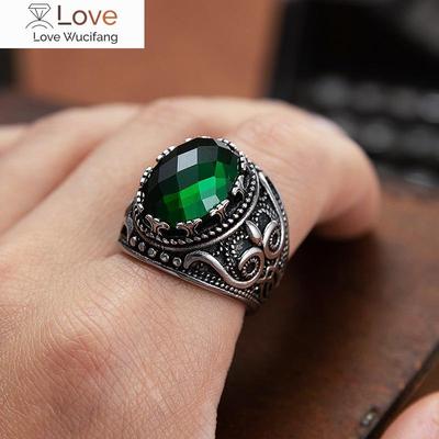 Fashion Men Women Big Green Cz Stone Ring Vintage Palace Style Pattern Stainless Steel Ring Punk Gothic Jewelry Accessories