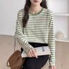 Fruit Green Striped Color Matching Round Neck Long-sleeved T-shirt Women's Spring Loose and Thin Temperament Commuter Bottoming Top