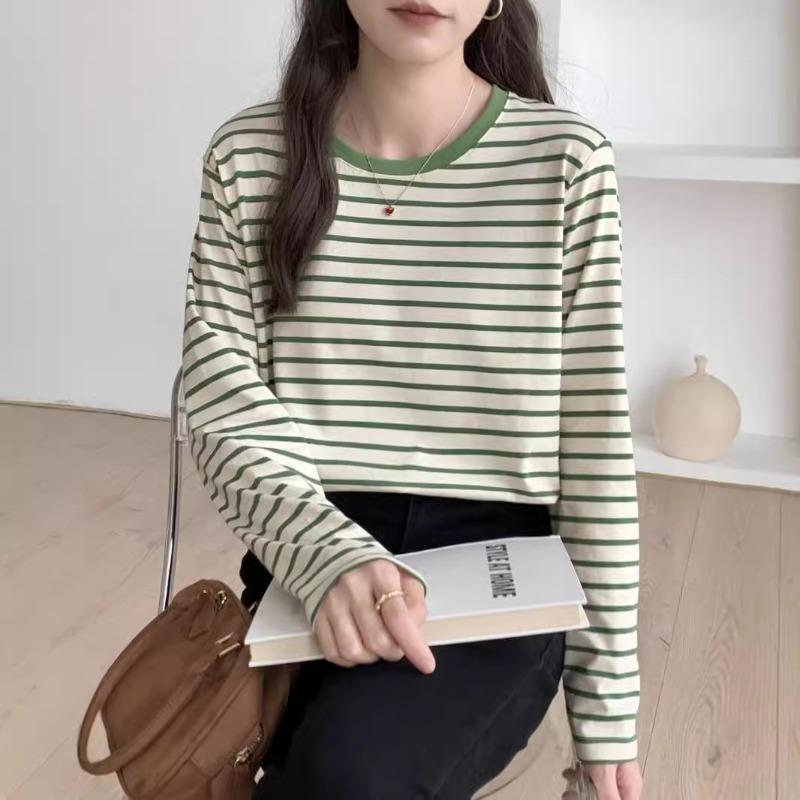 Fruit Green Striped Color Matching Round Neck Long-sleeved T-shirt Women's Spring Loose and Thin Temperament Commuter Bottoming Top