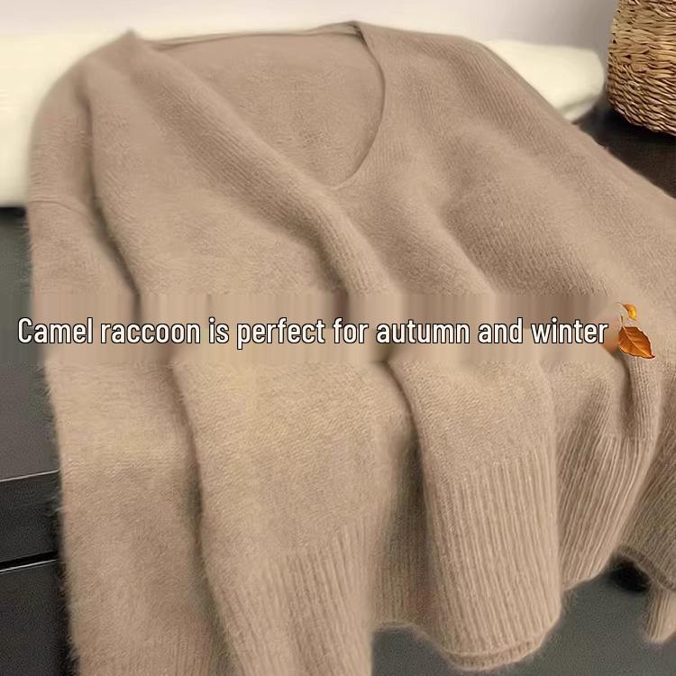 Women's Korean V-Neck Blue Knitted Sweater - Soft, Loose-Fit Autumn/Winter Pullover.