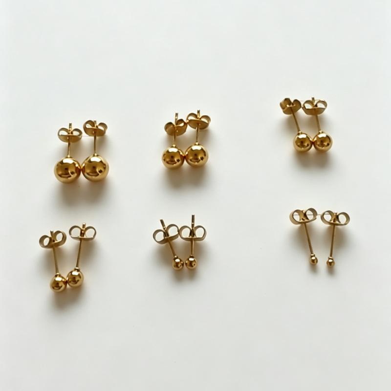 Gold-Electroplated Round Bead Stud Earrings with 6/4mm Bean Shape and Pendant, DIY Stainless Steel Post, Includes Earring Backs.