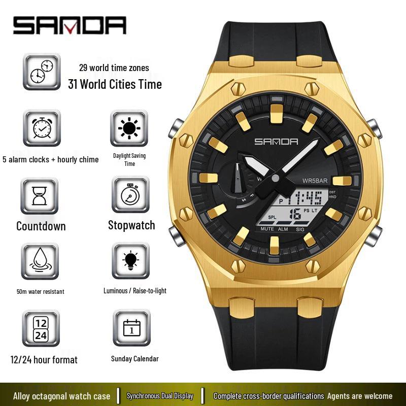 Sanda Octagonal Multifunctional Luminous Waterproof Men's Watch