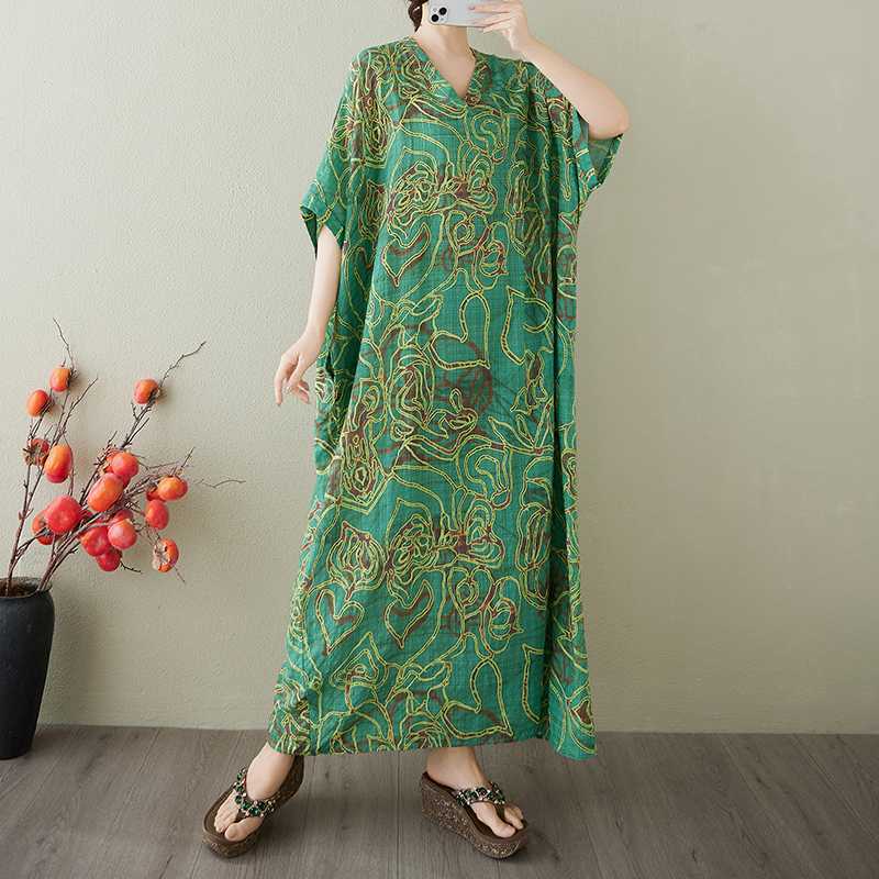 Vestido Largo Vintage para Mujer con Estampados de Algodón y Lino