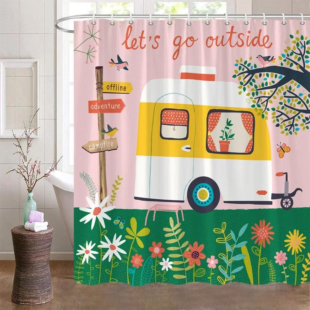 

Camping Car Shower Curtains Mountain Moon Forest Camping Enthusiast White Black Simple Bathroom Decor Fabric Bath Curtains Hooks W60H190(CM)-1 Pcs