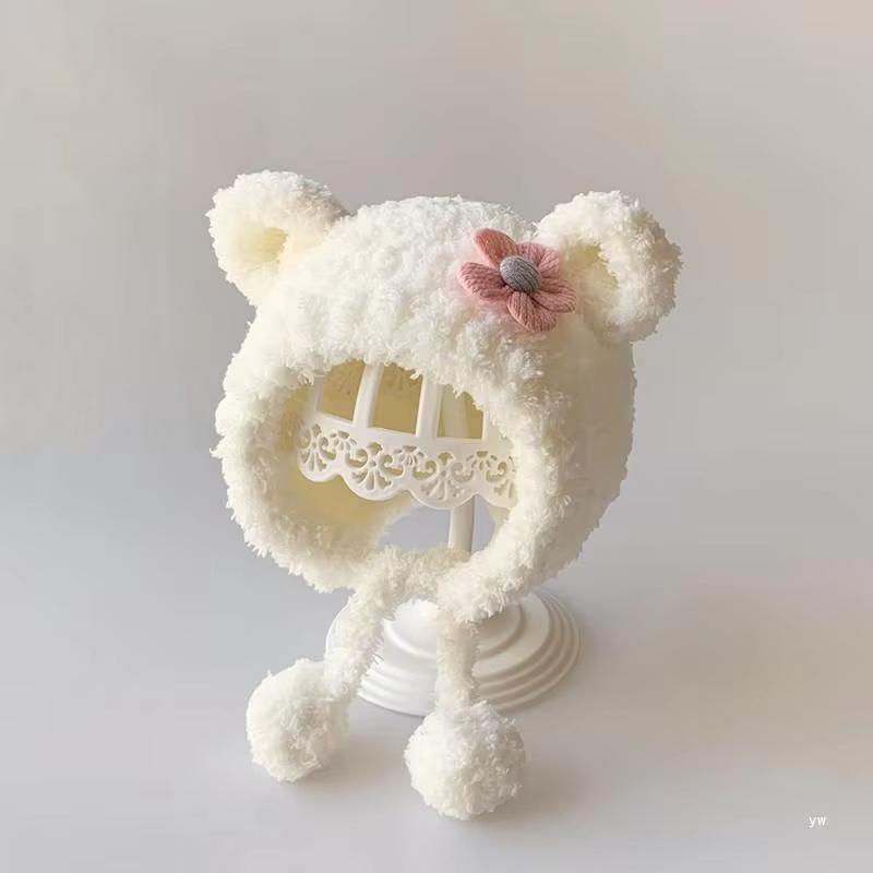 

Милая плюшевая шапочка с цветочком для малышей, однотонная, для новорожденной девочки, с защитой ушей, зимняя теплая, для младенца, малыша, с наушниками, шапочка-бини белый