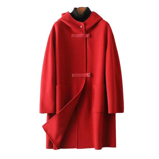 

Женское длинное шерстяное пальто с капюшоном, однобортное, повседневное, тренч из смесовой шерсти с карманами, осенне-зимняя верхняя одежда XL красный