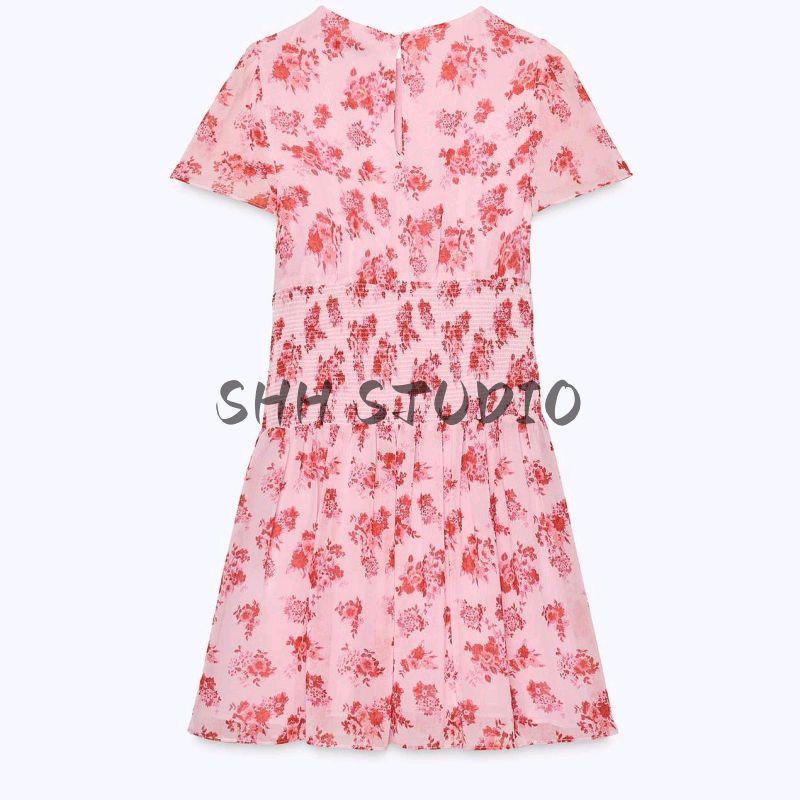 Spring and Summer New Women's Clothing Casual Minimalist Easiest for Match round Neck Flower Print Short Sleeve Short Dress 2784038