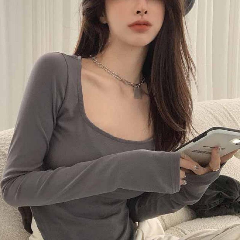 Large U-neck Solid Color Long-sleeved Base Shirt Inside and Outside Casual Top for Women Autumn Thin Women Tops Women Clothing