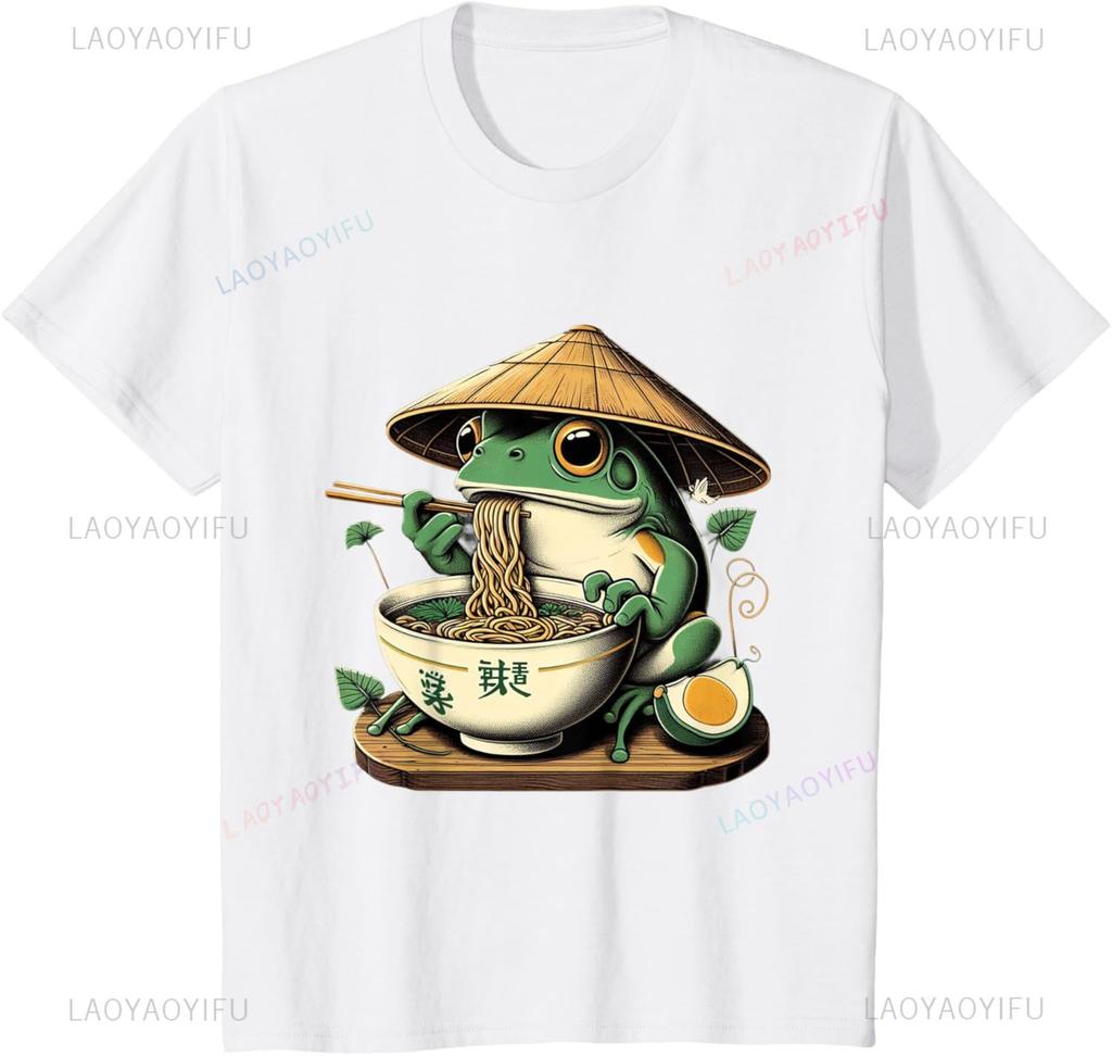 Frog Eating Ramen Kawaii Japanese Noodles Anime Lovers T-Shirt Casual Fashion Loose Harajuku Style Man Tshirt Summer Women Tees