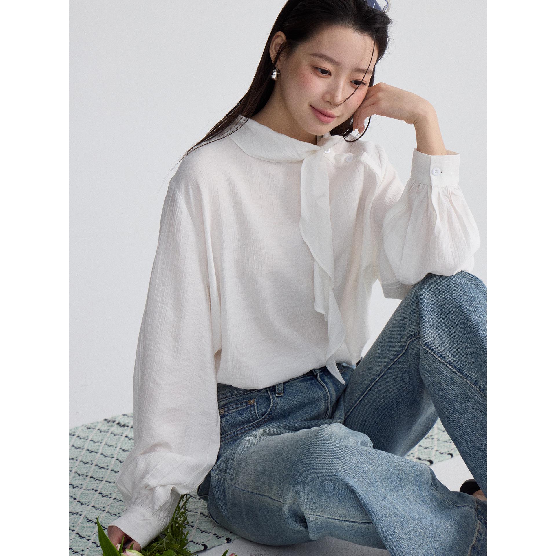 Ge Ming Women s French Retro Ruffle Ribbon Blouse - Spring Long Sleeve Top One Size (90-140) жемчужина белый