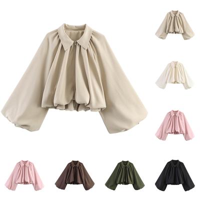 Women's Balloon Sleeve Zip Front Cropped Bomber Jacket with Turn Down Collar and Pleated Hem for Casual and Streetwear