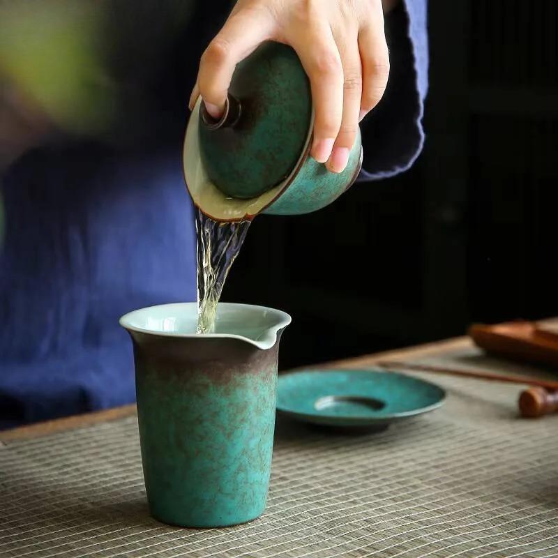 150ml Japanese Style Turquoise Glaze Ceramic Sancai Gaiwan Retro Kiln Change High-capacity Tea Cover Bowl Drinkware Customized