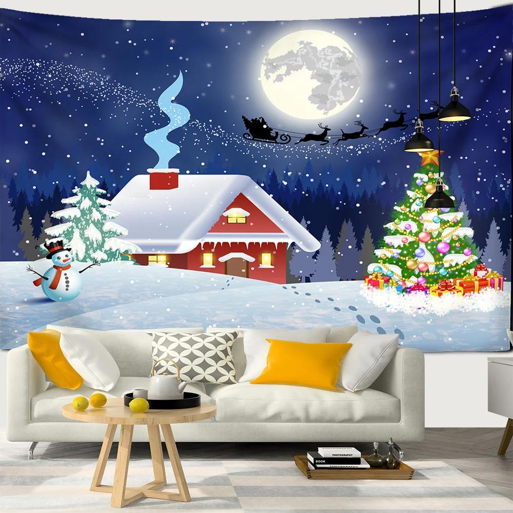 New Year Christmas Decoration Snow House Nature Cat Tapestry Kawaii Decor Wall Hanging Psychedelic Hippie Aesthetic Home Decor
