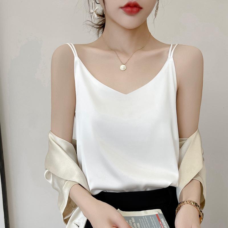 Camisola interior de seda con cuello en V delgada para mujer de primavera y verano