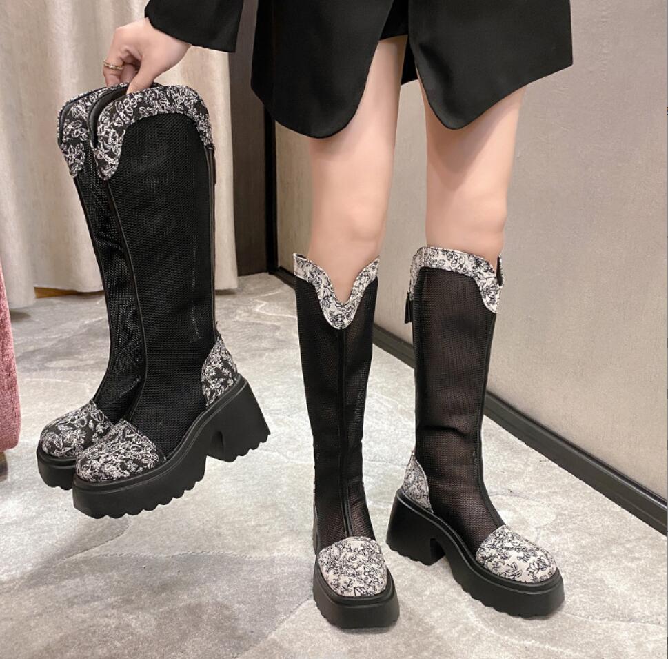 Fashion Summer Embroidery Mesh High Knight Boots Thick Bottom Hollow V-mouth High Platform 9CM Boots Fashion Street Chunky Women Shoes