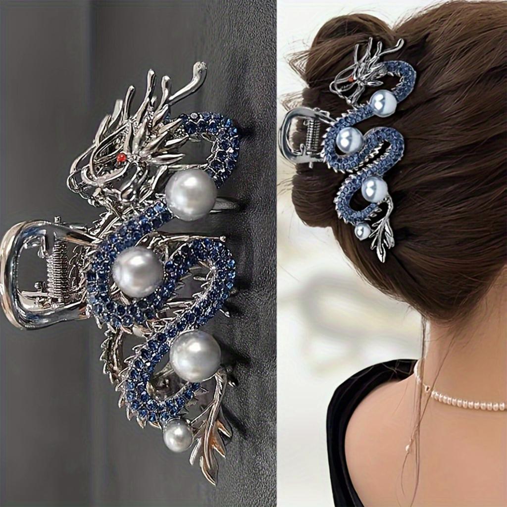 Large Dragon Design Hair Claw Clip Half Up Hairpin Hair Accessory with Pearl Detail and Rhinestone Embellishments for Elegant Updos