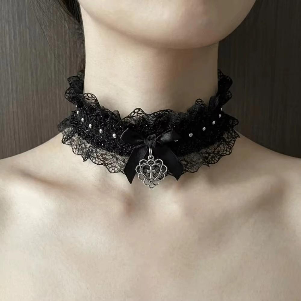 Bow Cross Heart Heart Pendant Necklace Vintage Y2K Collar Necklace Gifts Lace Necklace Daily Wear