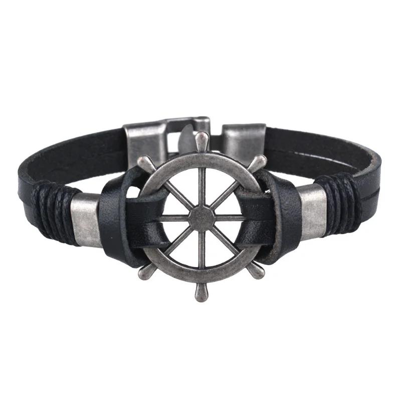Retro Punk Leather Bracelet for Men Anchor Rudder Naval Jewelry Multi Layer Fashion Gift