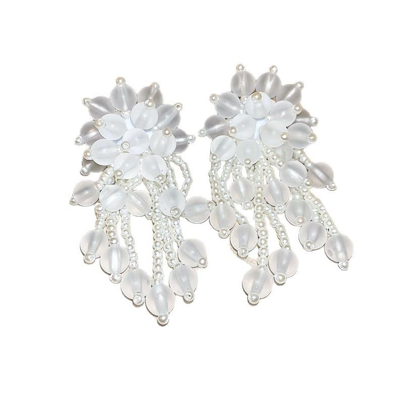 Silver Needle Acrylic Bead Tassel Earrings - Fashionable High-End Stud Earrings for Women