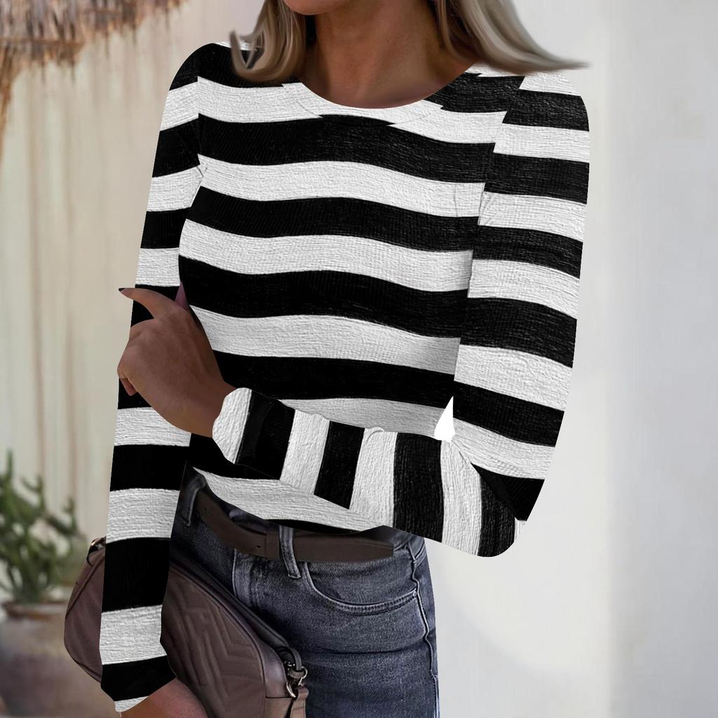 Damski casualowy modny top z okrągłym dekoltem, w paski, z długim rękawem, prążkowany