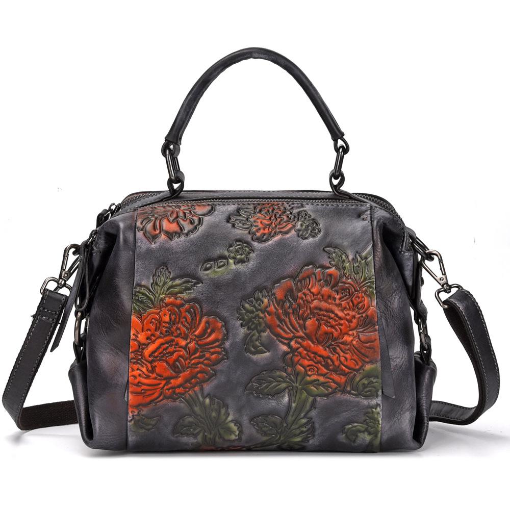 Johnature Retro Embossing Flower Women Bag Genuine Leather Handbag Cowhide Large Capacity Shoulder & Crossbody Bags