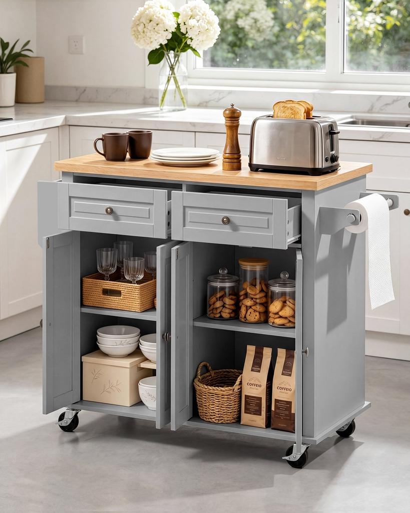 Kitchen Island Cart with Storage, 1110 mm Wide Mobile Rolling Storage Island on Swivel Wheels, with 2 Drawers, Storage Cabinet, Spice/Towel Rack,