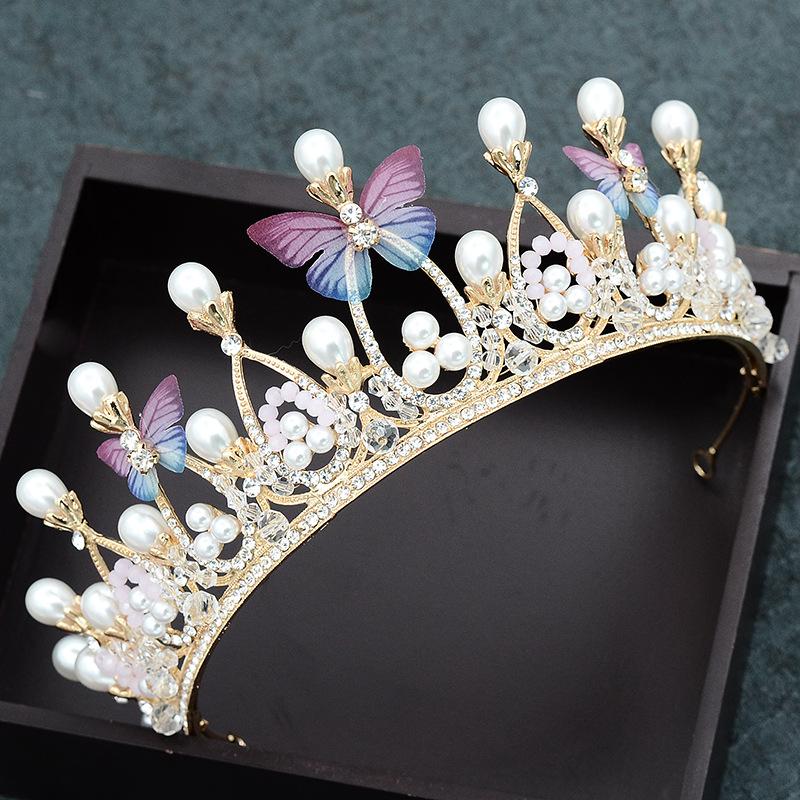 Colorful butterfly pearl tiara bridal crown children's performance hair accessories birthday party crown handmade bridal jewelry