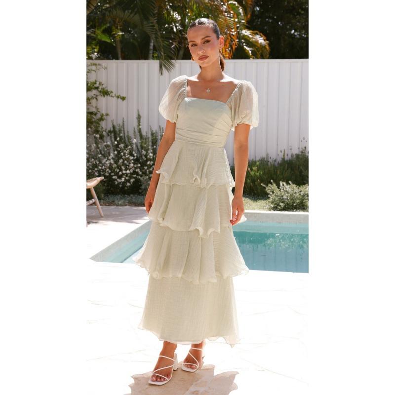 Women Fashion Backless Puff Sleeve Square Neck Long Solid Cake Dress
