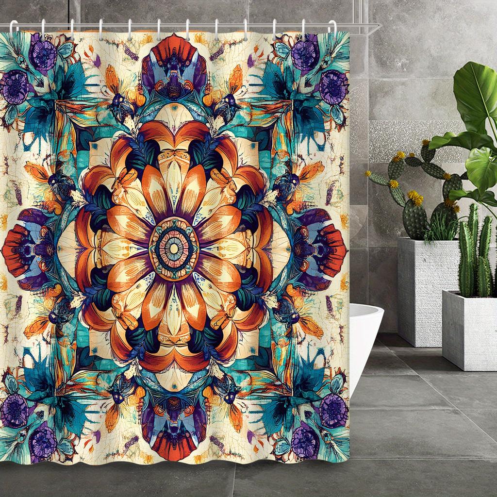 Bohemian Romantic Colorful Mandala Shower Curtain with 12 Hooks – Classic Decorative Print for Bathroom