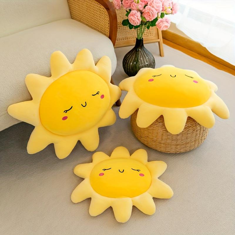 Cute Sun Plush Pillow Soft Yellow Cartoon Style Decorative Cushion for Youngsters' Room, Portable Polyester Throw Pillow with Delightful Design