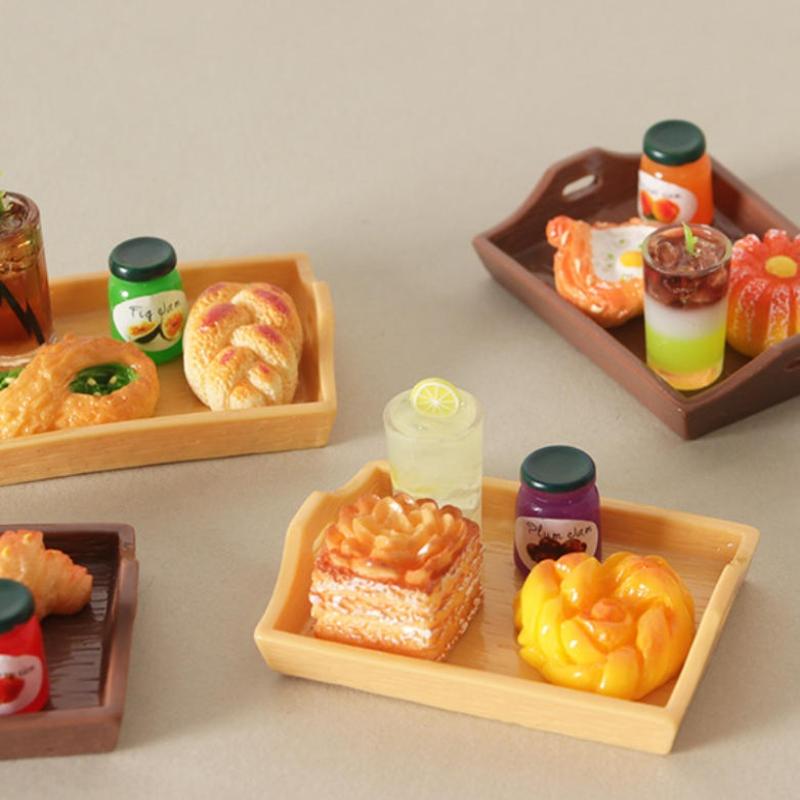 5Pcs Miniature Dollhouse Sumilation Mini Bread Dim Sum Drink With Plate Afternoon Tea Decoration For Kid Pretend Play Toys
