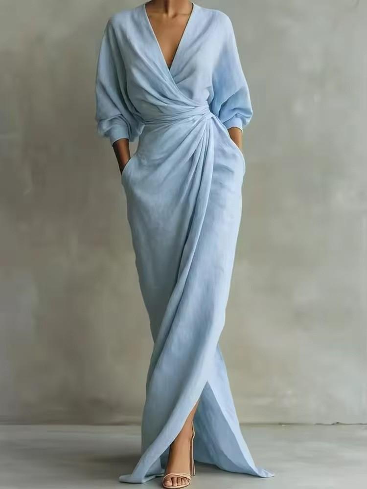 Spring Summer V Neck Waist Tshirt Dress With Slit For Vacation Travel
