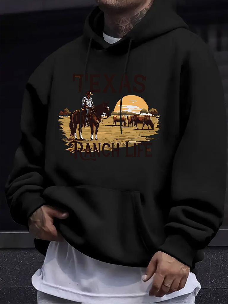 American Western Style unisex Autumn Winter Print Hooded Long Sleeve Sweatshirt, Texas Ranch Horse Sunset Scenery Print Hoodie, Western Wild Retro Ite