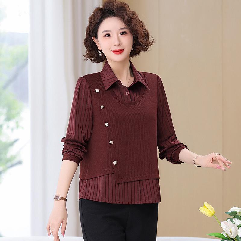 

Women s Spring Summer Long Sleeve Chic Slimming Two-Piece Layered Top for Middle-Aged & Elderly XXXL (suggested 120-130 jin)