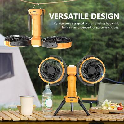 Multifunctional Camping Fan with LED Light Dual-Heads Tent Ceiling Fan Support Angle Adjustable